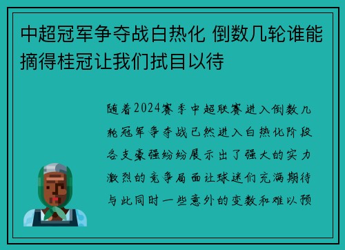 中超冠军争夺战白热化 倒数几轮谁能摘得桂冠让我们拭目以待