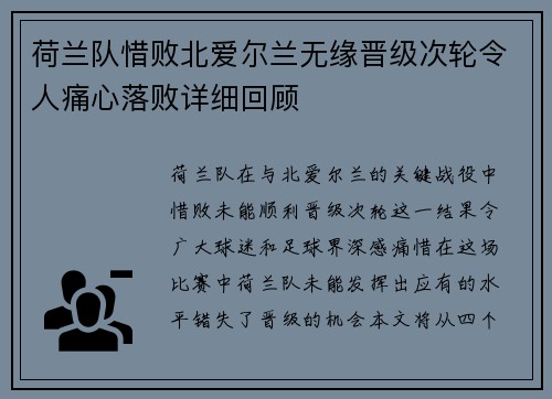荷兰队惜败北爱尔兰无缘晋级次轮令人痛心落败详细回顾