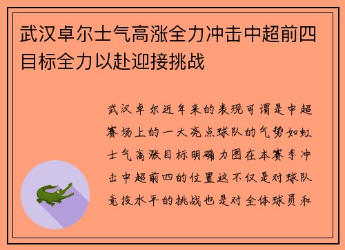 武汉卓尔士气高涨全力冲击中超前四目标全力以赴迎接挑战