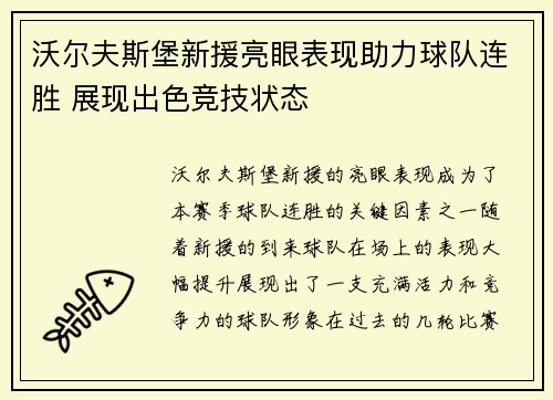 沃尔夫斯堡新援亮眼表现助力球队连胜 展现出色竞技状态