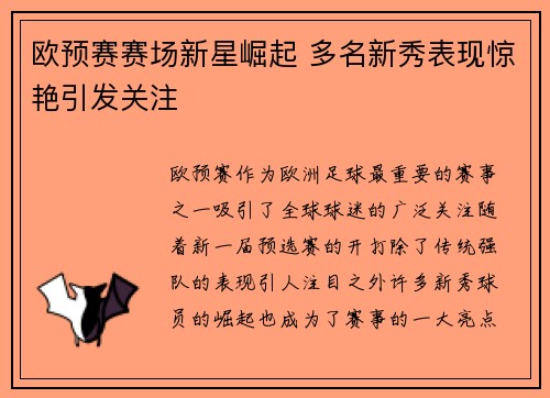 欧预赛赛场新星崛起 多名新秀表现惊艳引发关注