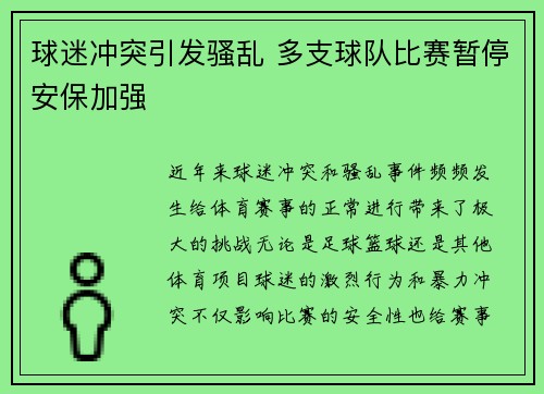 球迷冲突引发骚乱 多支球队比赛暂停安保加强