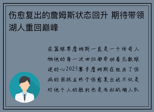 伤愈复出的詹姆斯状态回升 期待带领湖人重回巅峰